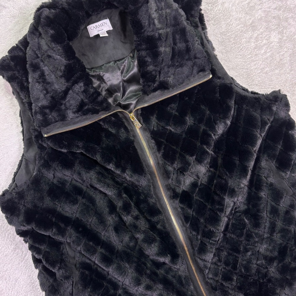 Carmen Marc Valvo Women Vest 2X Black Faux Fur Diamond Quilted Full Zip Luxe